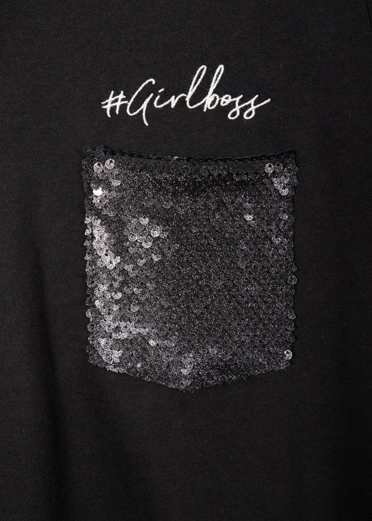 Camiseta con bolsillo de lentejuelas y bordado "#girlboss" para mujer - Flashy