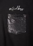 Camiseta con bolsillo de lentejuelas y bordado "#girlboss" para mujer - Flashy