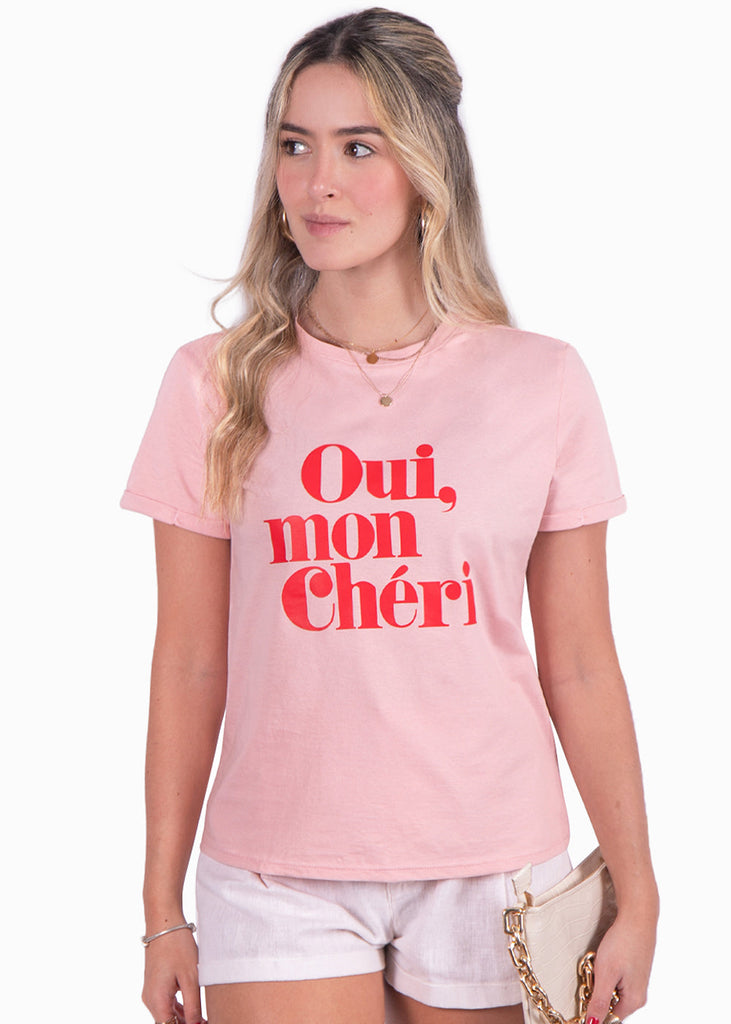 Camiseta estampada "Oui, mon chéri" color rosado para mujer - Flashy