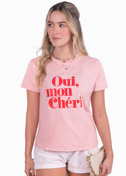 Camiseta estampada "Oui, mon chéri" color rosado para mujer - Flashy