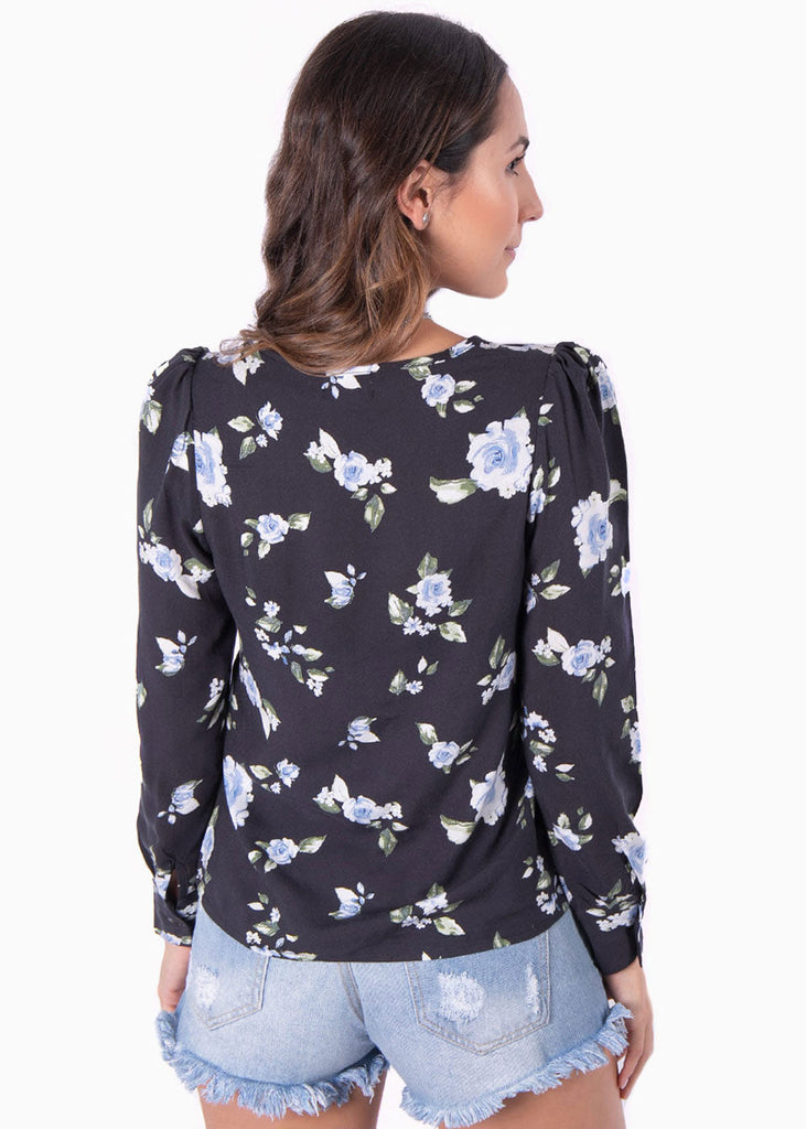 Blusa de flores manga larga con anudado en escote para mujer - Flashy