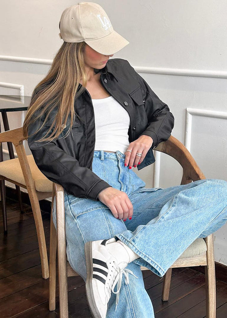 Jean baggy de tiro medio y tipo cargo color azul para mujer - Flashy