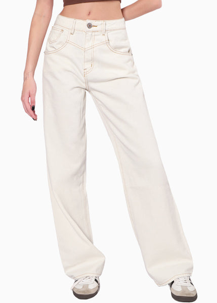 Jean recto con hilos en contraste y tiro medio color marfil, denim para mujer - Flashy