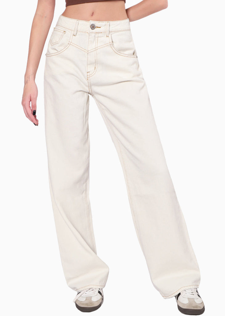 Jean recto con hilos en contraste y tiro medio color marfil, denim para mujer - Flashy