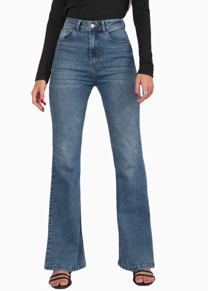 Jean flare bota ancha de tiro alto color azul, denim para mujer - Flashy