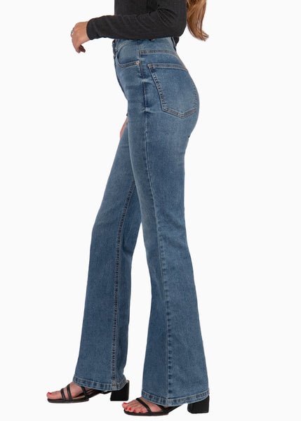 Jean flare bota ancha de tiro alto color azul, denim para mujer - Flashy