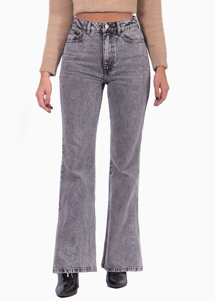 Jean flare bota ancha de tiro alto color gris, denim para mujer - Flashy