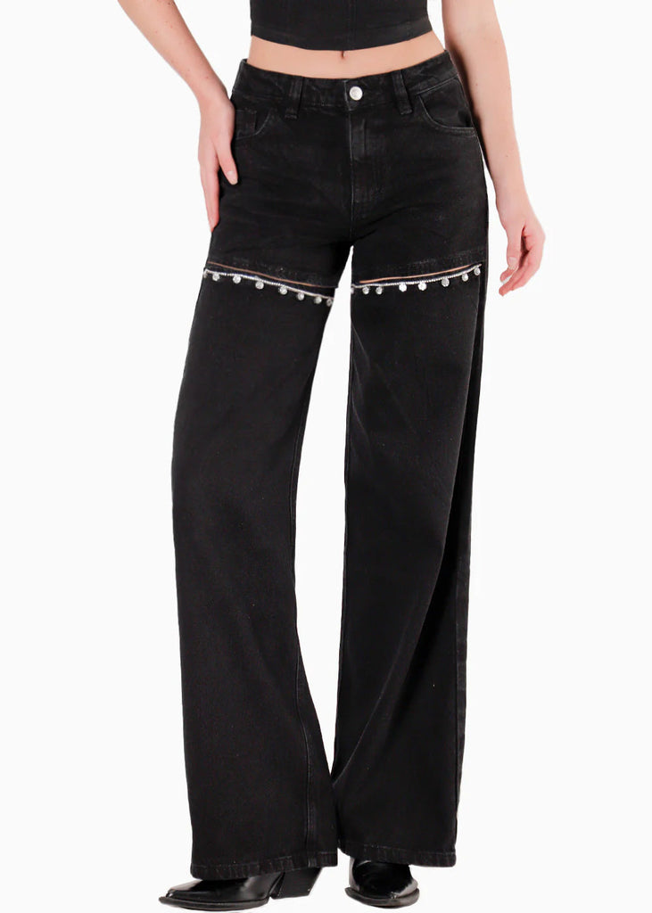 Jean wide leg con corte y brillos para mujer - Flashy