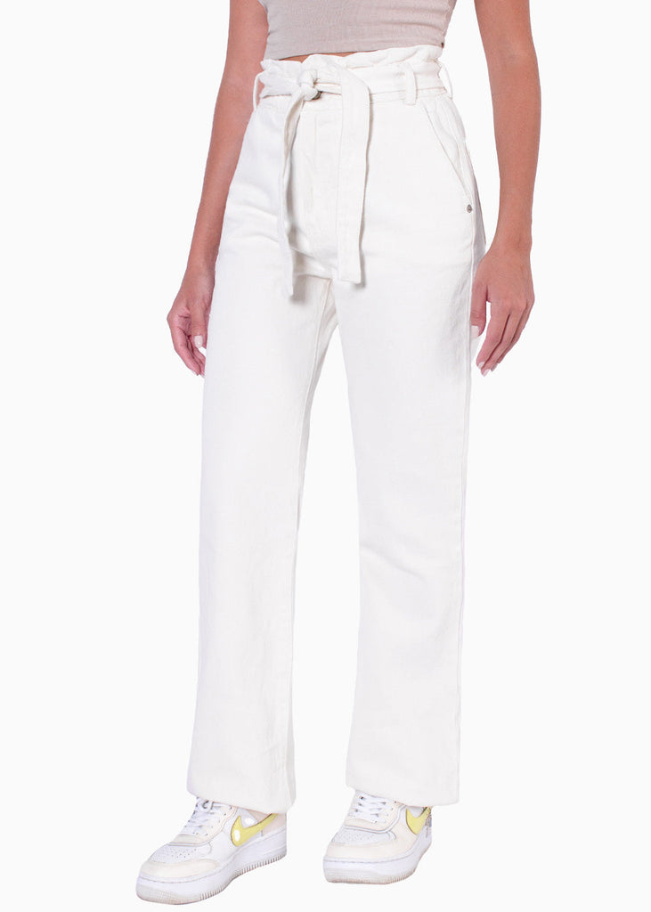 Jean paperbag flare de tiro alto color marfil, denim para mujer - Flashy