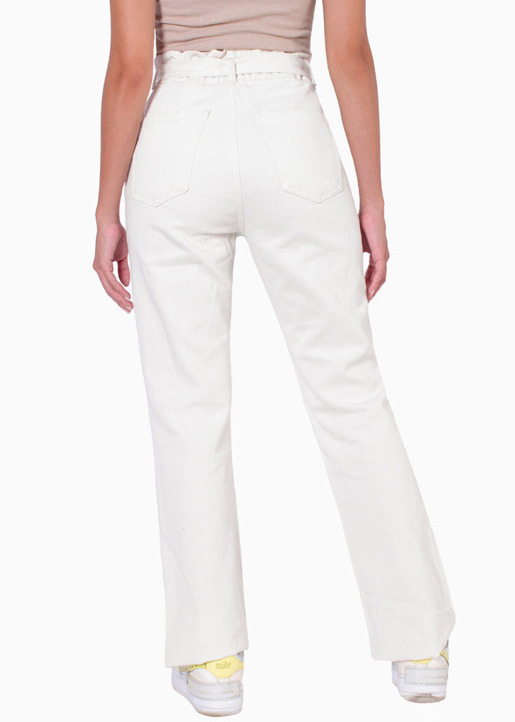 Jean paperbag flare de tiro alto color marfil, denim para mujer - Flashy