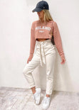 Jean paperbag tiro alto color beige, denim para mujer - Flashy