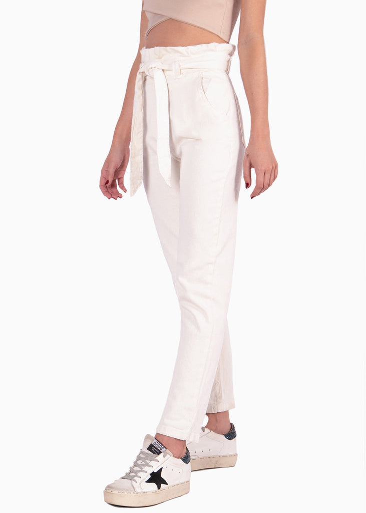 Jean paperbag tiro alto color beige, denim para mujer - Flashy