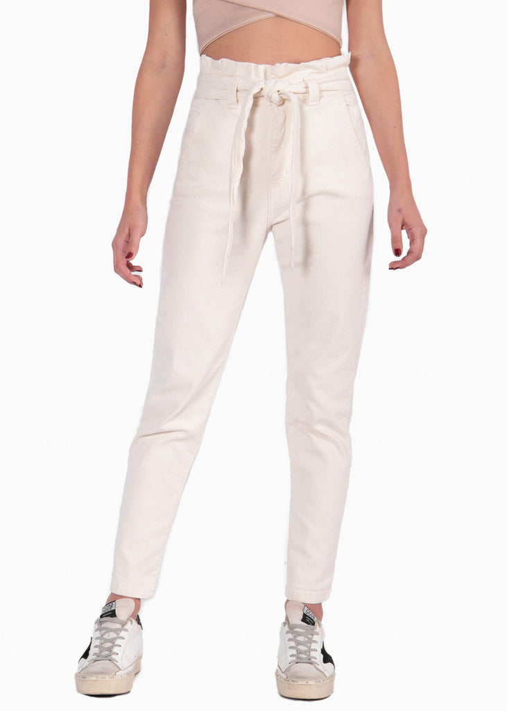 Jean paperbag tiro alto color beige, denim para mujer - Flashy