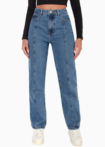 Jean recto con cortes y de tiro alto color azul, denim para mujer - Flashy