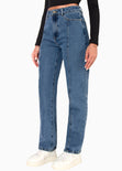 Jean recto con cortes y de tiro alto color azul, denim para mujer - Flashy