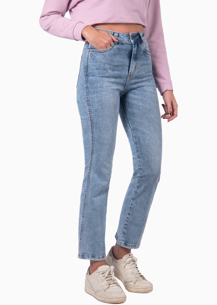 Jean recto corto de tiro alto color azul, denim para mujer - Flashy