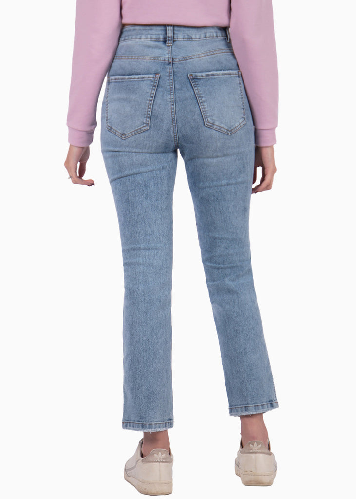 Jean recto corto de tiro alto color azul, denim para mujer - Flashy