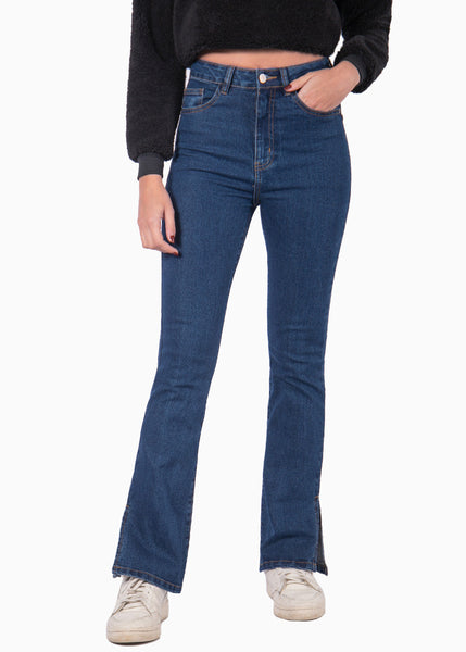 Jean flare de tiro alto con abertura en bota color azul, coral para mujer - Flashy
