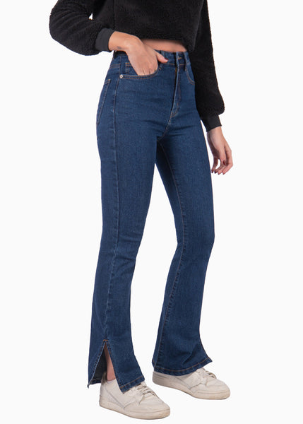 Jean flare de tiro alto con abertura en bota color azul, coral para mujer - Flashy