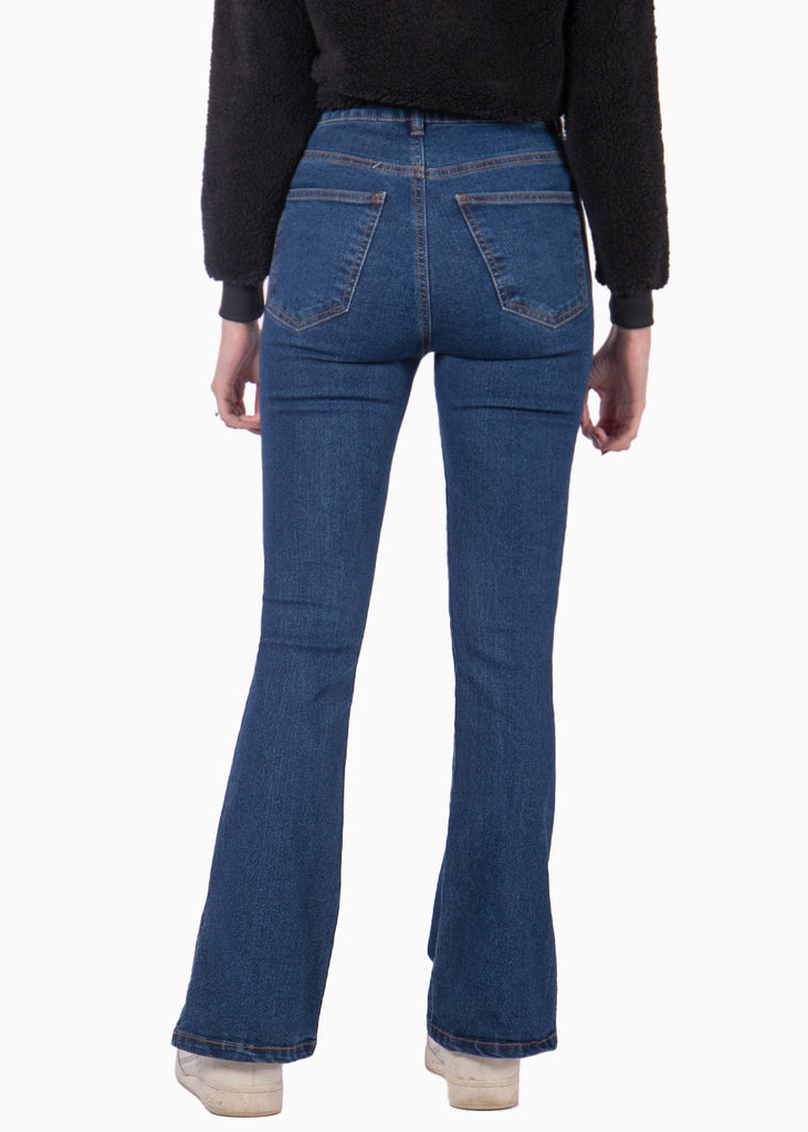 Jean flare de tiro alto con abertura en bota color azul, coral para mujer - Flashy