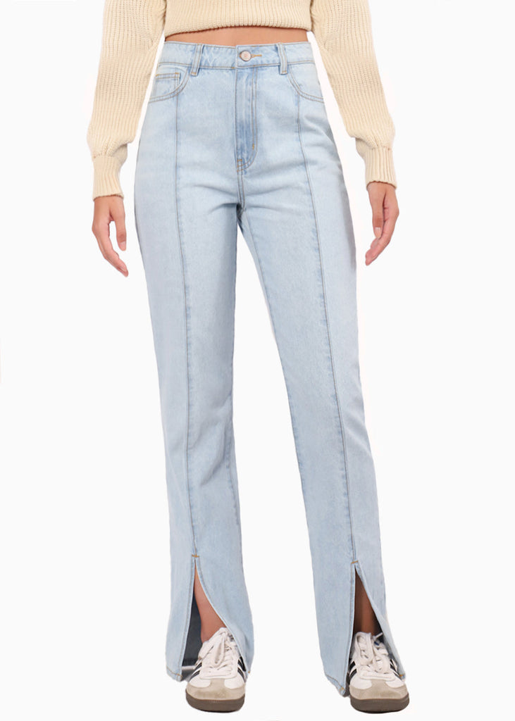Jean flare de tiro alto con abertura en bota y cortes color azul, denim para mujer - Flashy