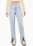 Jean flare de tiro alto con abertura en bota y cortes color azul, denim para mujer - Flashy
