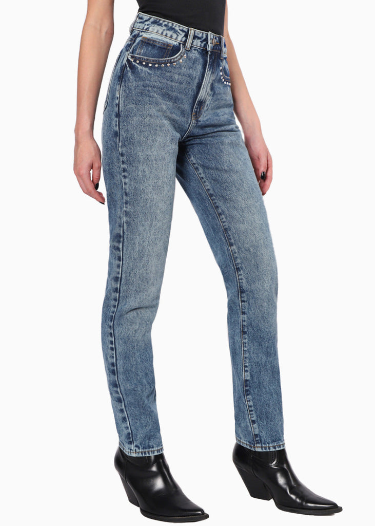 Jean recto de tiro alto con brillantes en bolsillos color azul, denim para mujer - Flashy