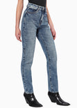 Jean recto de tiro alto con brillantes en bolsillos color azul, denim para mujer - Flashy