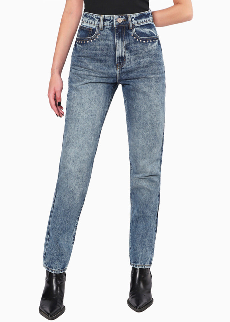 Jean recto de tiro alto con brillantes en bolsillos color azul, denim para mujer - Flashy