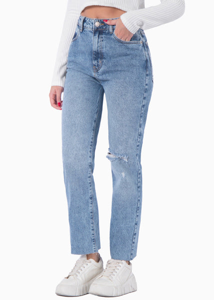 Jean recto de tiro alto con rotos color azul, denim para mujer - Flashy