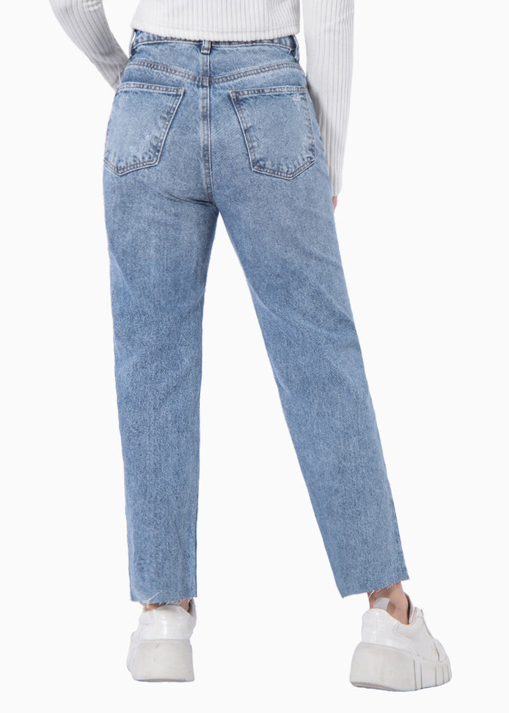 Jean recto de tiro alto con rotos color azul, denim para mujer - Flashy