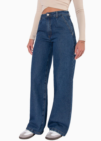 Jean recto de tiro alto full length color azul, denim para mujer - Flashy