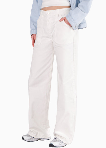 Jean recto de tiro medio con corte en bolsillos color blanco, marfil para mujer - Flashy