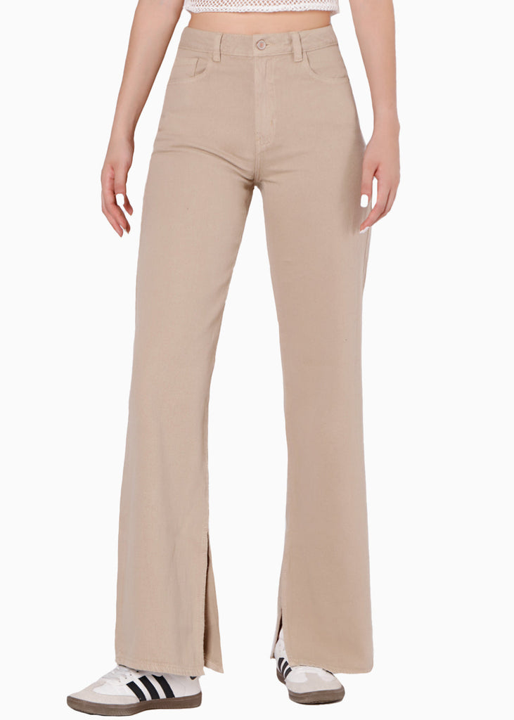 Jean wide leg full length de tiro alto color beige para mujer - Flashy