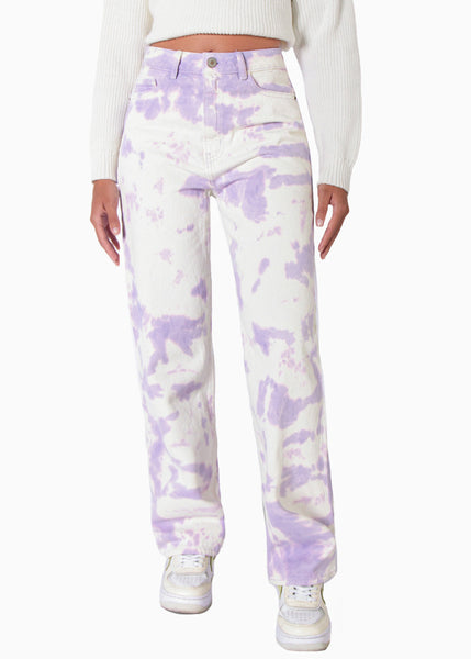 Jean recto tie die de tiro alto full length color lila, marfil, denim para mujer - Flashy