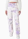 Jean recto tie die de tiro alto full length color lila, marfil, denim para mujer - Flashy