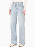 Jean Semi wide leg tiro alto con cinta para anudar en cintura color azul para mujer - Flashy