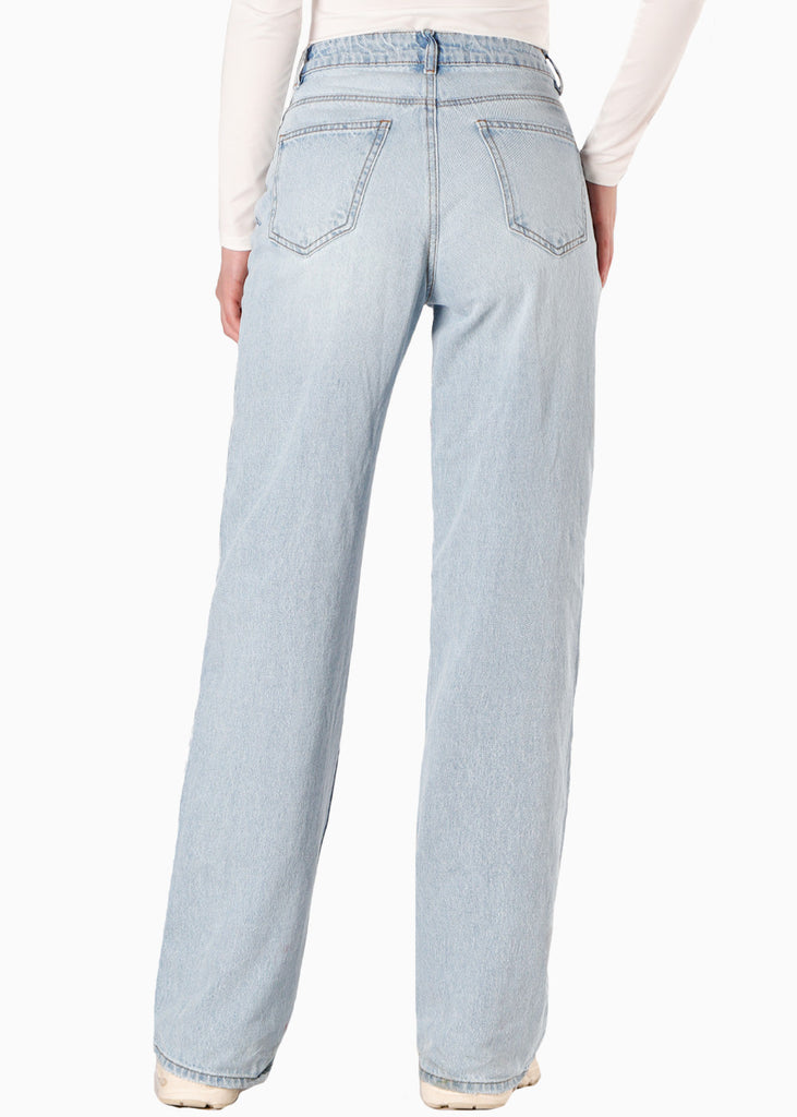 Jean Semi wide leg tiro alto con cinta para anudar en cintura color azul para mujer - Flashy