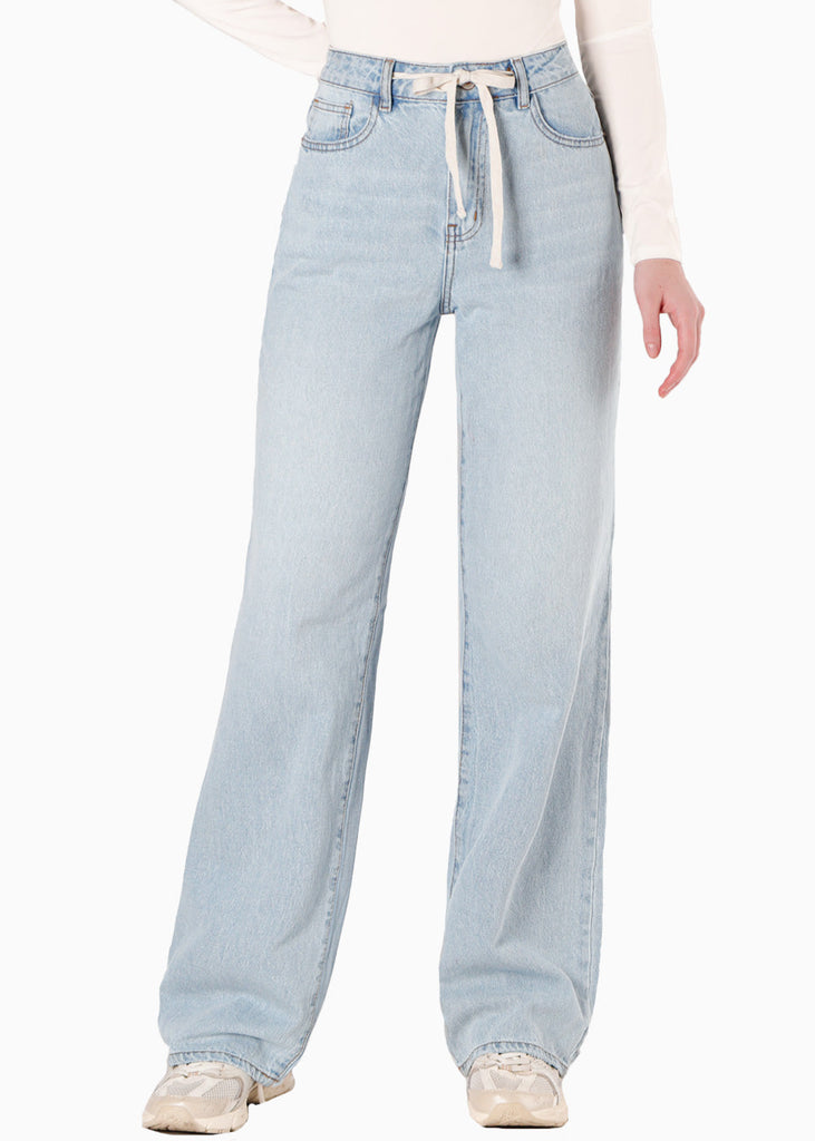 Jean Semi wide leg tiro alto con cinta para anudar en cintura color azul para mujer - Flashy