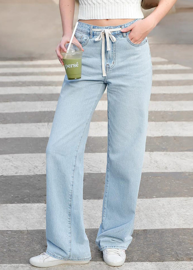 Jean Semi wide leg tiro alto con cinta para anudar en cintura color azul para mujer - Flashy