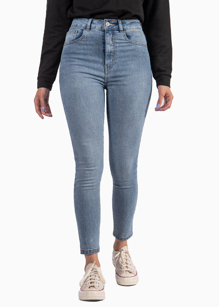 Jean skinny de tiro alto color azul, denim para mujer - Flashy