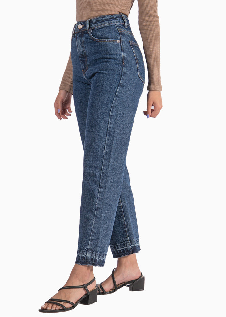 Jean recto cropped de tiro alto color azul, denim para mujer - Flashy