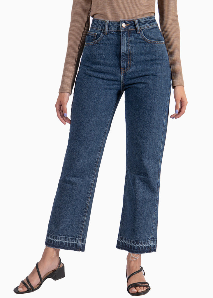 Jean recto cropped de tiro alto color azul, denim para mujer - Flashy