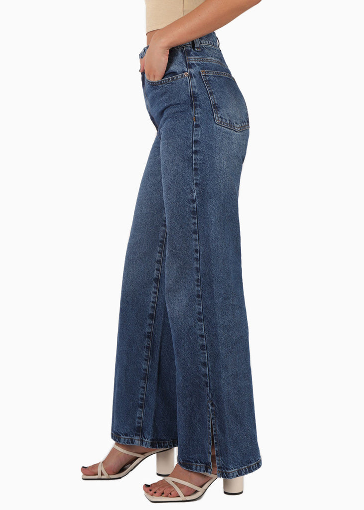 Jean tiro alto bota ancha color azul, denim para mujer - Flashy