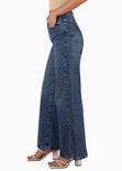 Jean tiro alto bota ancha color azul, denim para mujer - Flashy