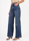 Jean tiro alto bota ancha color azul, denim para mujer - Flashy