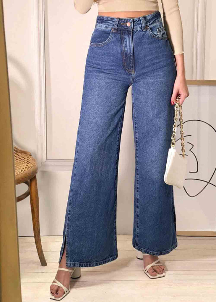 Jean tiro alto bota ancha color azul, denim para mujer - Flashy