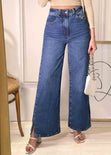 Jean tiro alto bota ancha color azul, denim para mujer - Flashy