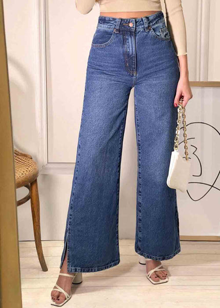 Jean tiro alto bota ancha color azul, denim para mujer - Flashy