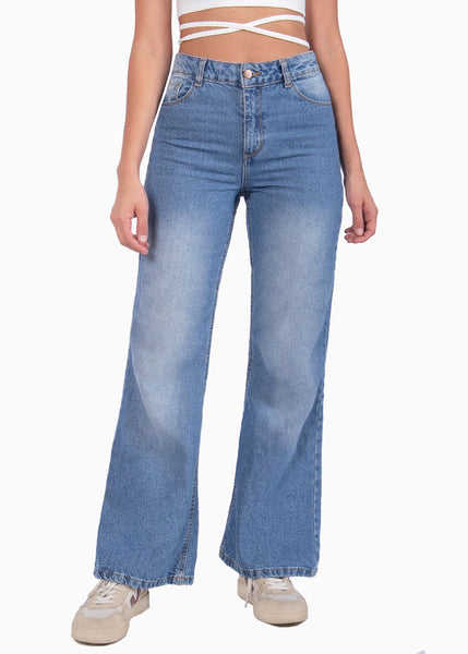 Jean tiro alto bota ancha color azul, denim para mujer - Flashy